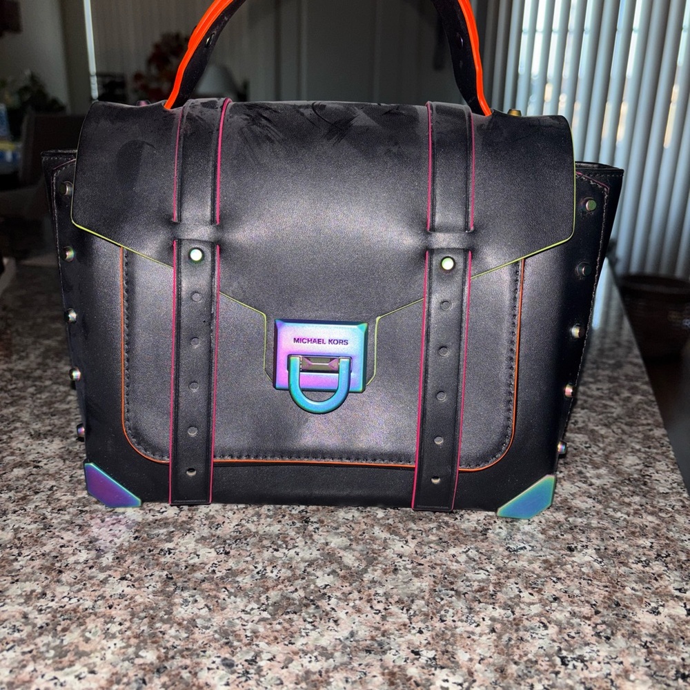 Michael Kors Black Satchel with Rainbow Accents